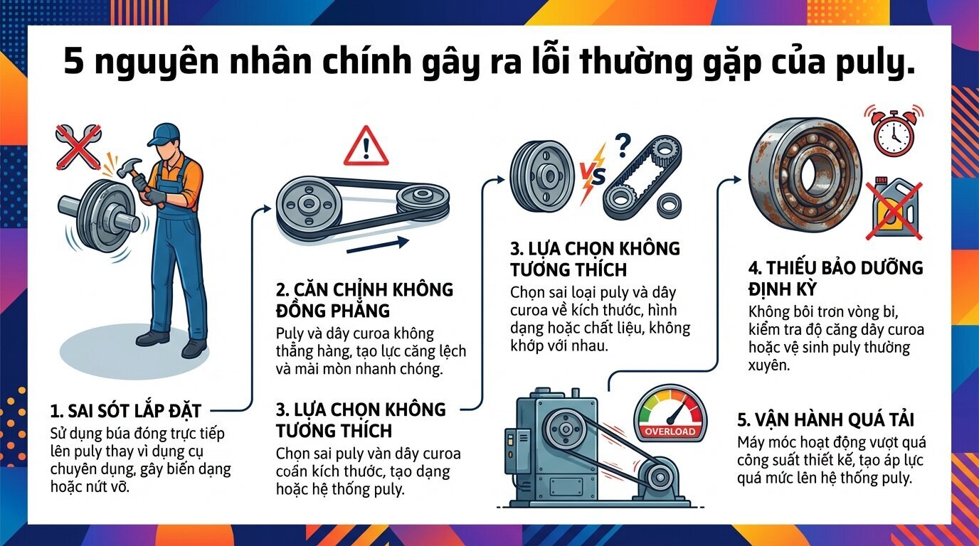 5 nguyên nhân chính gây ra lỗi thường gặp của puly.