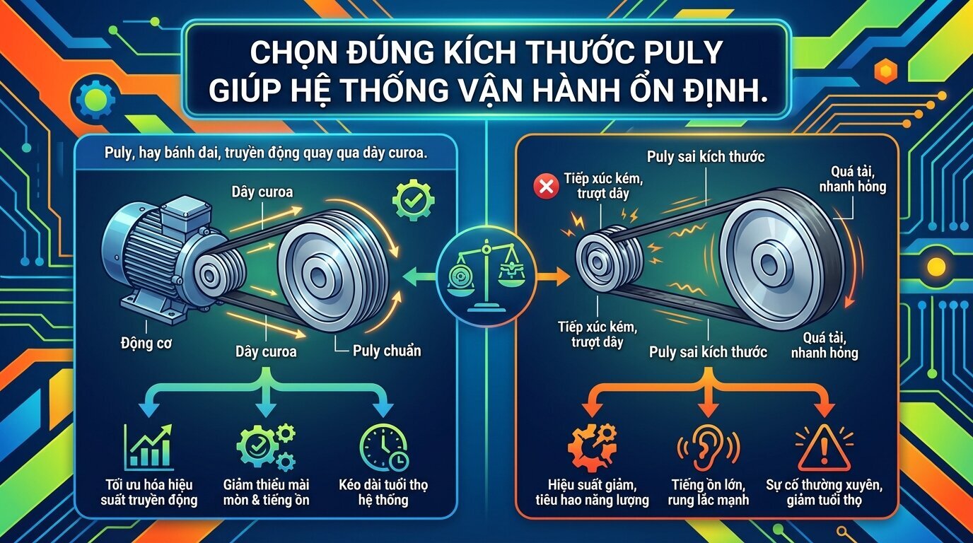 Chọn đúng kích thước puly giúp hệ thống vận hành ổn định.