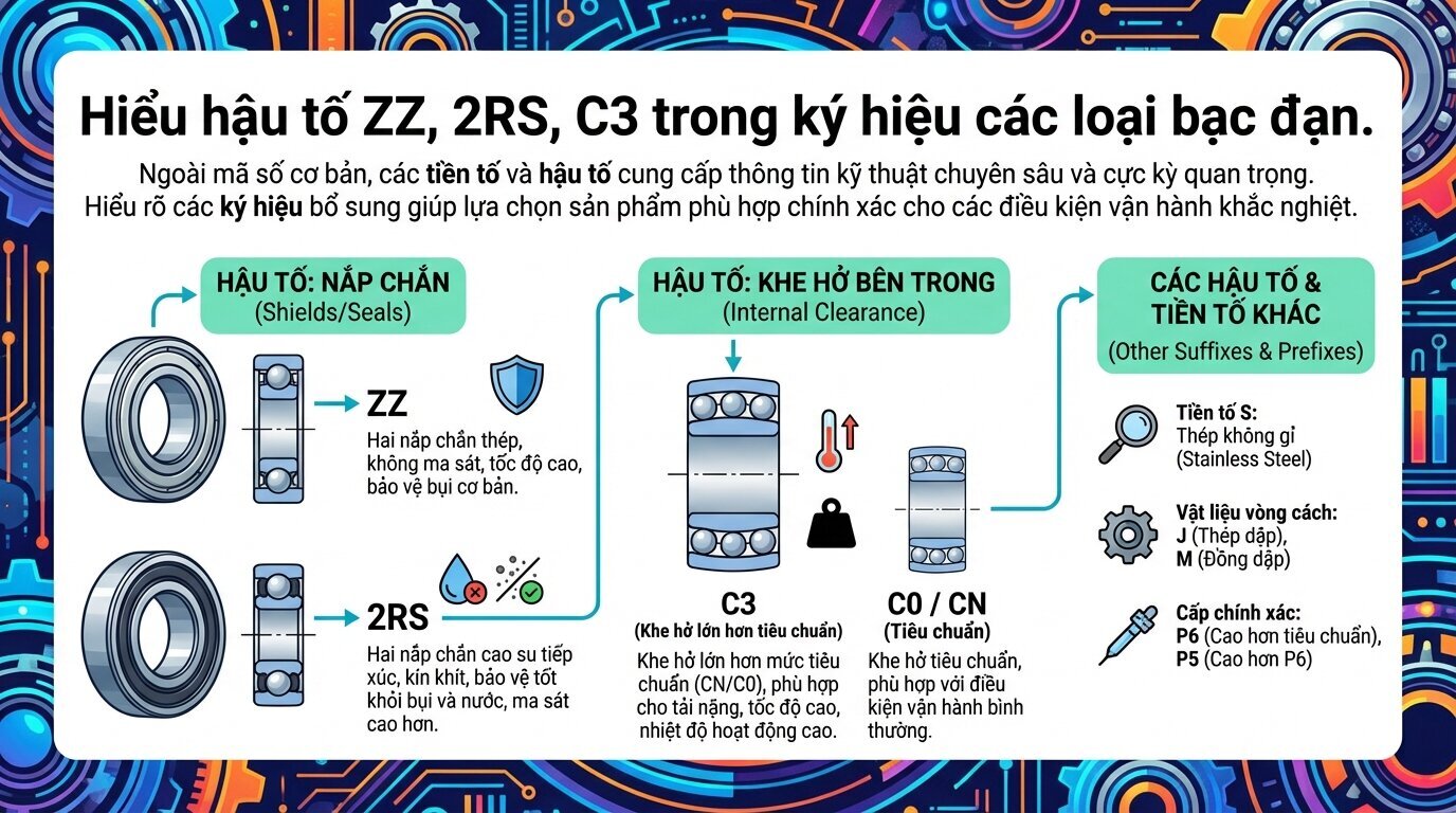 Hiểu hậu tố ZZ, 2RS, C3 trong ký hiệu các loại bạc đạn.