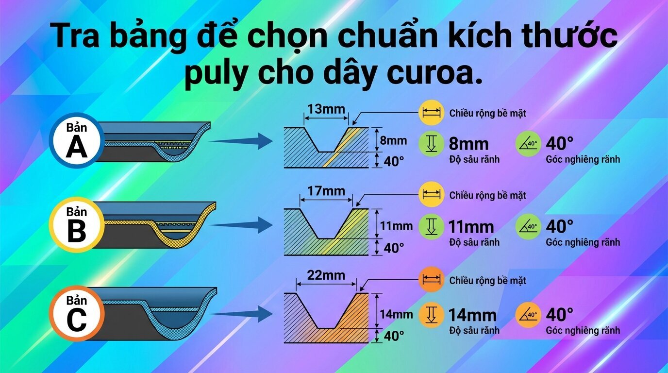 Tra bảng để chọn chuẩn kích thước puly cho dây curoa.