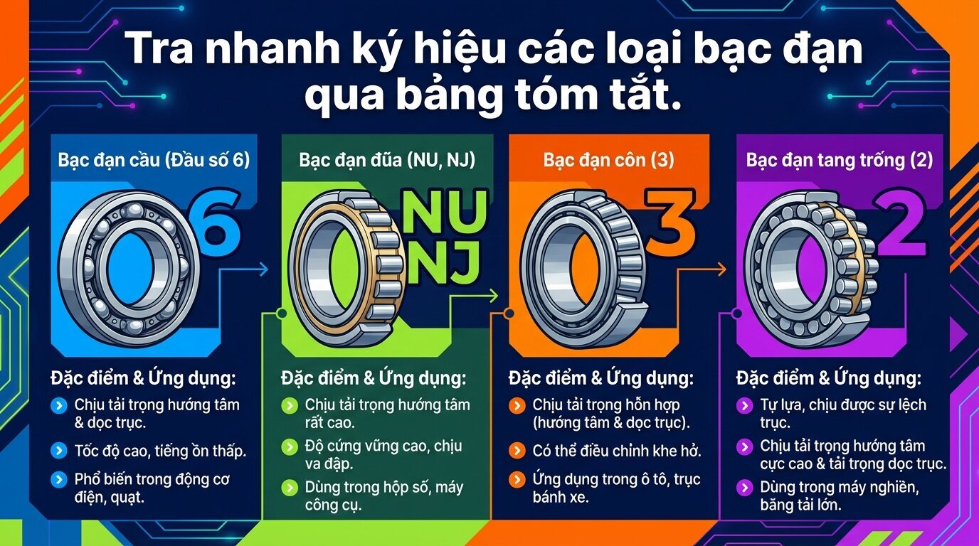 Tra nhanh ký hiệu các loại bạc đạn qua bảng tóm tắt.