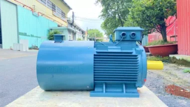 Góc nhìn mặt bên Motor biến tần 3 pha 45kW 60Hp thể hiện rõ thân motor và cánh tản nhiệt
