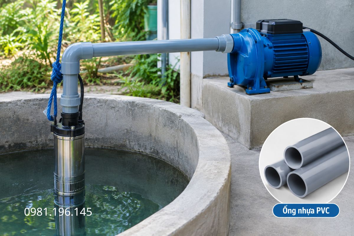 Ống PVC kết nối với máy bơm chìm để dẫn nước từ giếng hoặc bể chứa