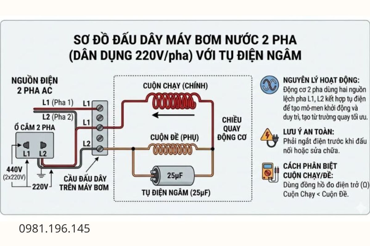 Sơ đồ đấu máy bơm 1 pha 220V với tụ điện
