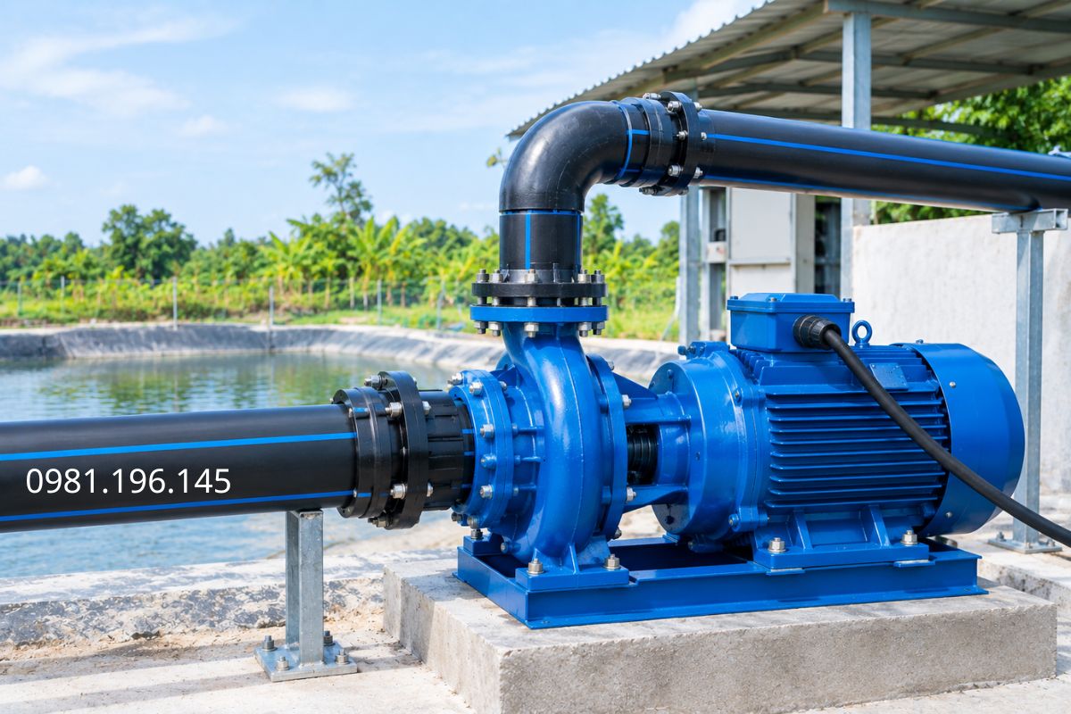 Ống HDPE chịu áp kết nối với máy bơm ly tâm trong hệ thống cấp nước và tưới tiêu